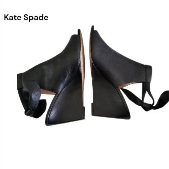 Kate Spade Bow Leather Open Peep Toe High Heel Wedge Dress Sandal Black Women 10 - Picture 5 of 13